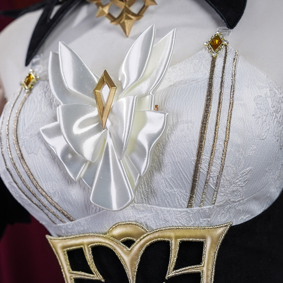 Genshin Impact Marionette Sandrone old design cosplay costume centers a white satin bow ornament on an embroidered bodice.