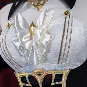 Genshin Impact Marionette Sandrone old design cosplay costume centers a white satin bow ornament on an embroidered bodice.