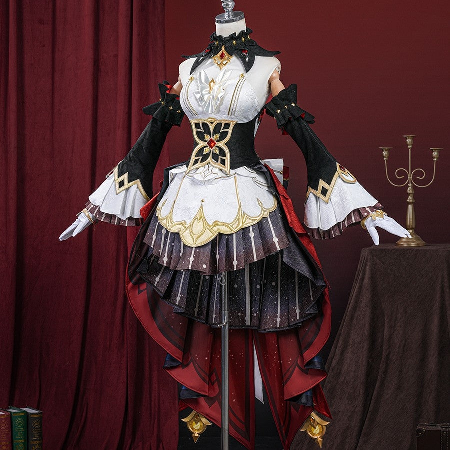 Genshin Impact Marionette Sandrone old design cosplay costume layers a white bodice above a dark flared multi-layered skirt.