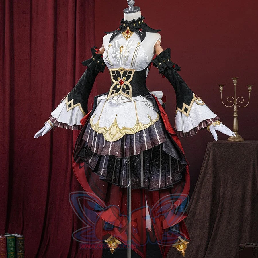 COSFUN Genshin Impact Marionette Sandrone old design cosplay costume gathers ornate skirts and gold-tone floral waist detail.