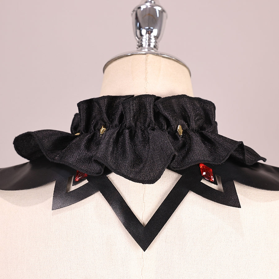 Genshin Impact Marionette Sandrone old design cosplay costume collar gathers black ruffles above geometric fabric overlays.