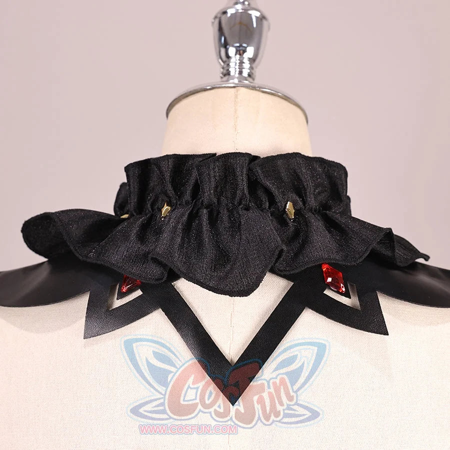 Genshin Impact Marionette Sandrone old design cosplay costume collar gathers black ruffles above geometric fabric overlays.