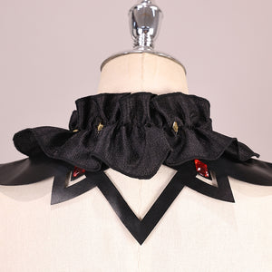 Genshin Impact Marionette Sandrone old design cosplay costume collar gathers black ruffles above geometric fabric overlays.