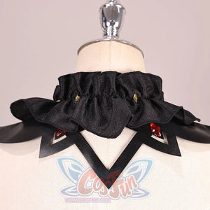 Genshin Impact Marionette Sandrone old design cosplay costume collar gathers black ruffles above geometric fabric overlays.