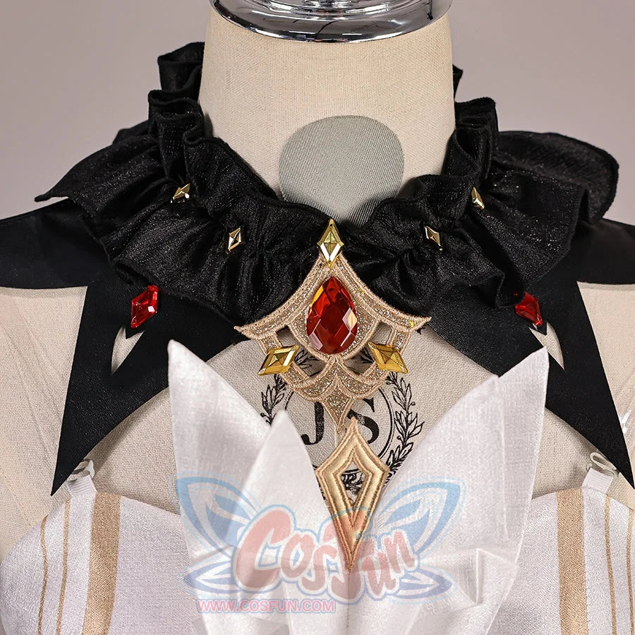 Genshin Impact Marionette Sandrone old design cosplay costume captures the ornate ruffled collar and red centerpiece.