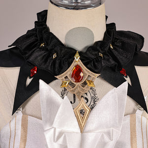 Genshin Impact Marionette Sandrone old design cosplay costume captures the ornate ruffled collar and red centerpiece.