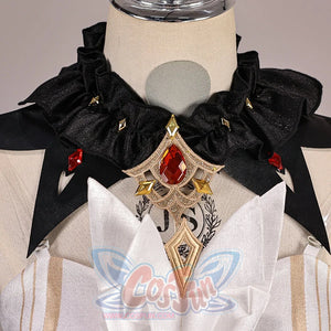 Genshin Impact Marionette Sandrone old design cosplay costume captures the ornate ruffled collar and red centerpiece.