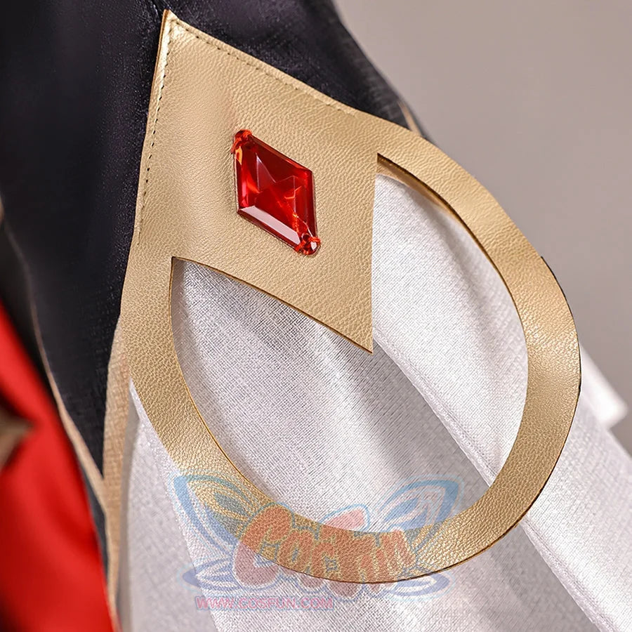 Genshin Impact Marionette Sandrone old design cosplay costume captures the detail of a gold-tone ornament over fabric.