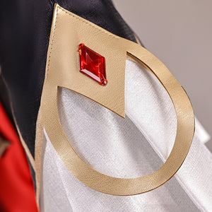 Genshin Impact Marionette Sandrone old design cosplay costume captures the detail of a gold-tone ornament over fabric.