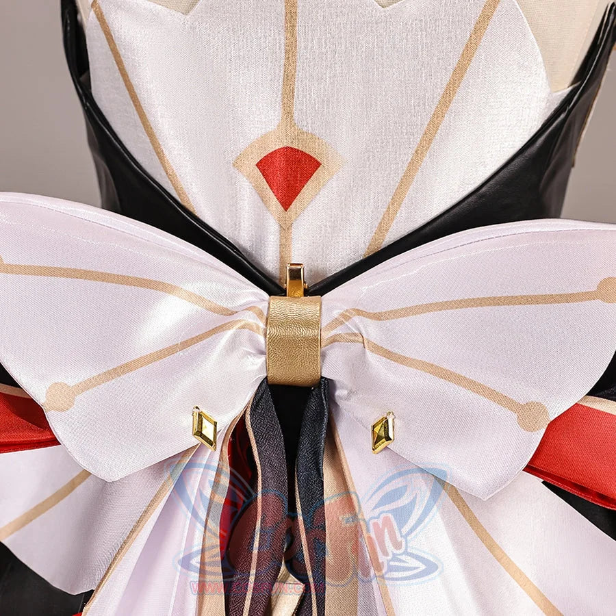 Genshin Impact Marionette Sandrone old design cosplay costume centers a white bow over a red diamond emblem and trim.