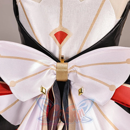 Genshin Impact Marionette Sandrone old design cosplay costume centers a white bow over a red diamond emblem and trim.
