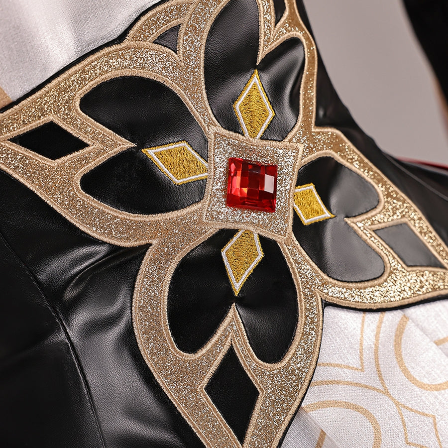 Genshin Impact Marionette Sandrone old design cosplay costume centers intricate gold-tone glitter embroidery on black fabric.