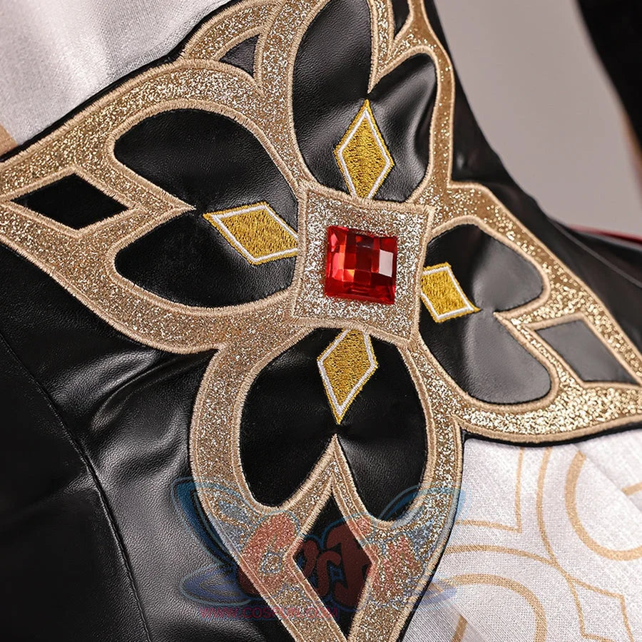 Genshin Impact Marionette Sandrone old design cosplay costume centers intricate gold-tone glitter embroidery on black fabric.