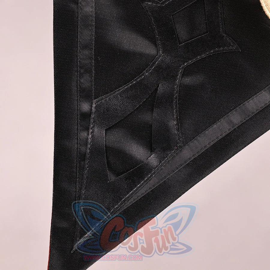 Genshin Impact Marionette Sandrone old design cosplay costume fabric surface captures detailed black geometric patterns.