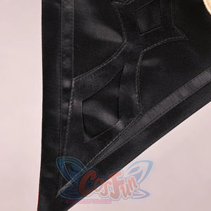 Genshin Impact Marionette Sandrone old design cosplay costume fabric surface captures detailed black geometric patterns.
