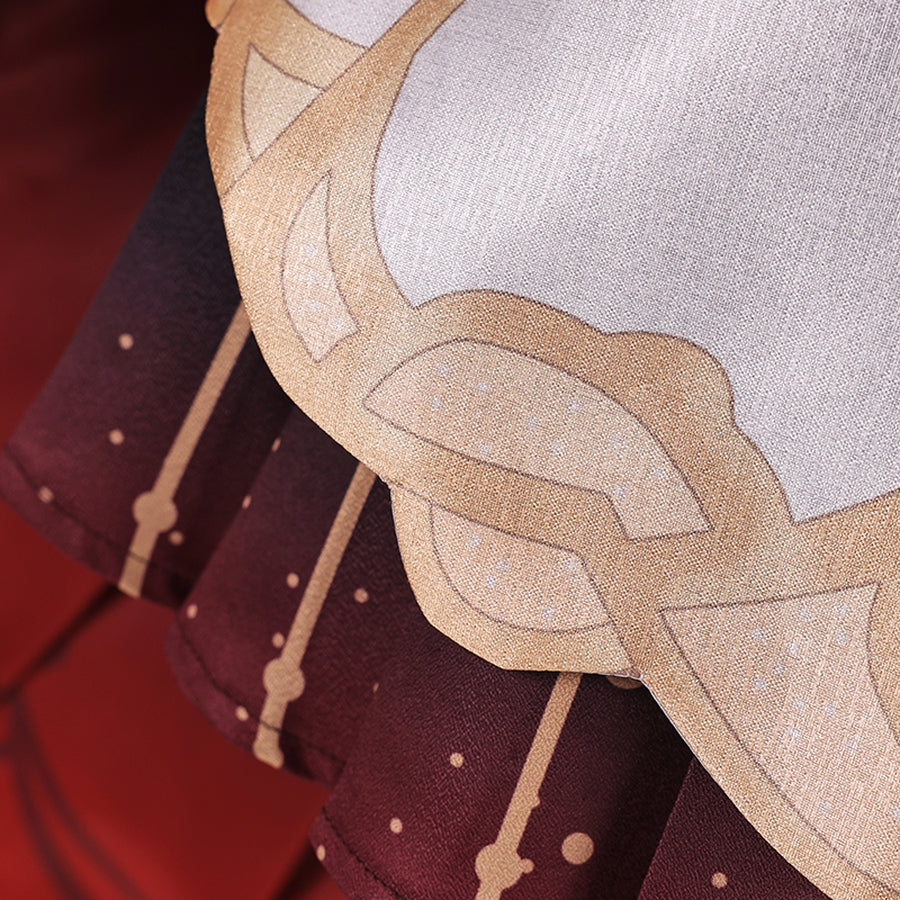 Genshin Impact Marionette Sandrone old design cosplay costume fabric trim gathers over the dark red pleated dress layers.
