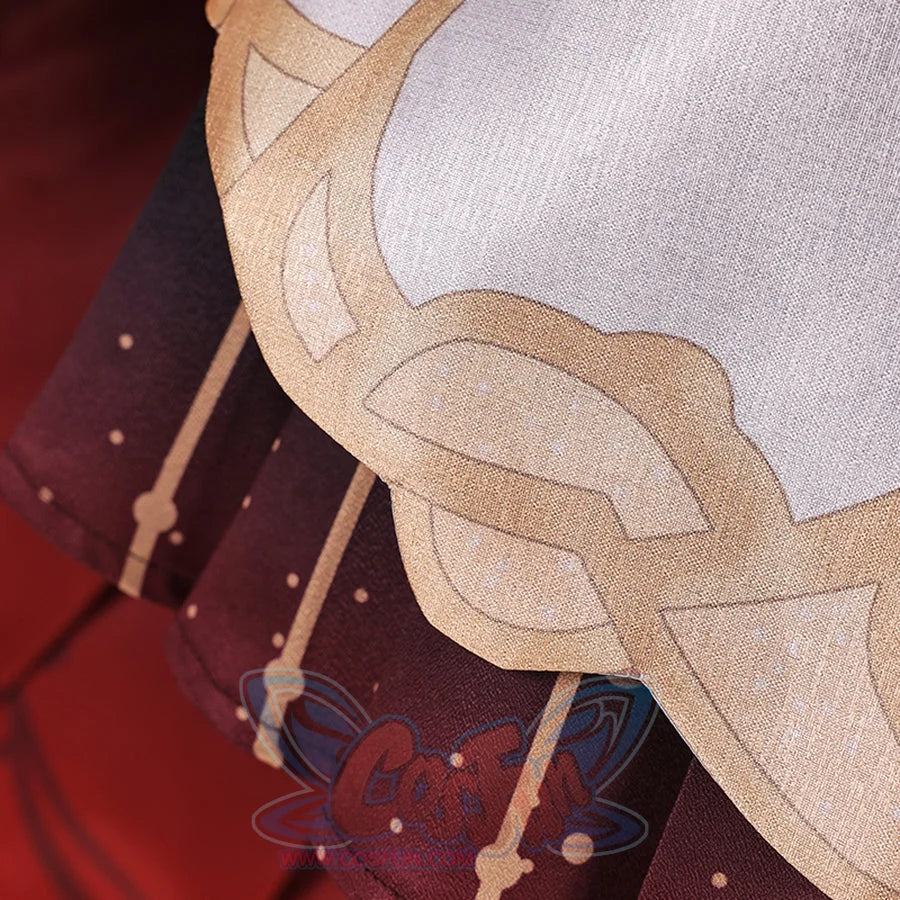 Genshin Impact Marionette Sandrone old design cosplay costume fabric trim gathers over the dark red pleated dress layers.