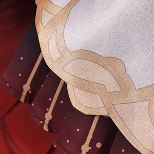 Genshin Impact Marionette Sandrone old design cosplay costume fabric trim gathers over the dark red pleated dress layers.