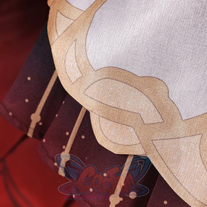 Genshin Impact Marionette Sandrone old design cosplay costume fabric trim gathers over the dark red pleated dress layers.