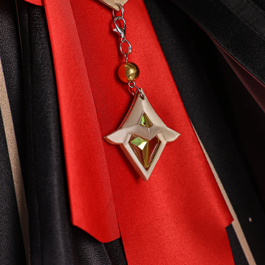 Genshin Impact Marionette Sandrone old design cosplay costume anchors a hanging gold-tone pendant over red fabric.