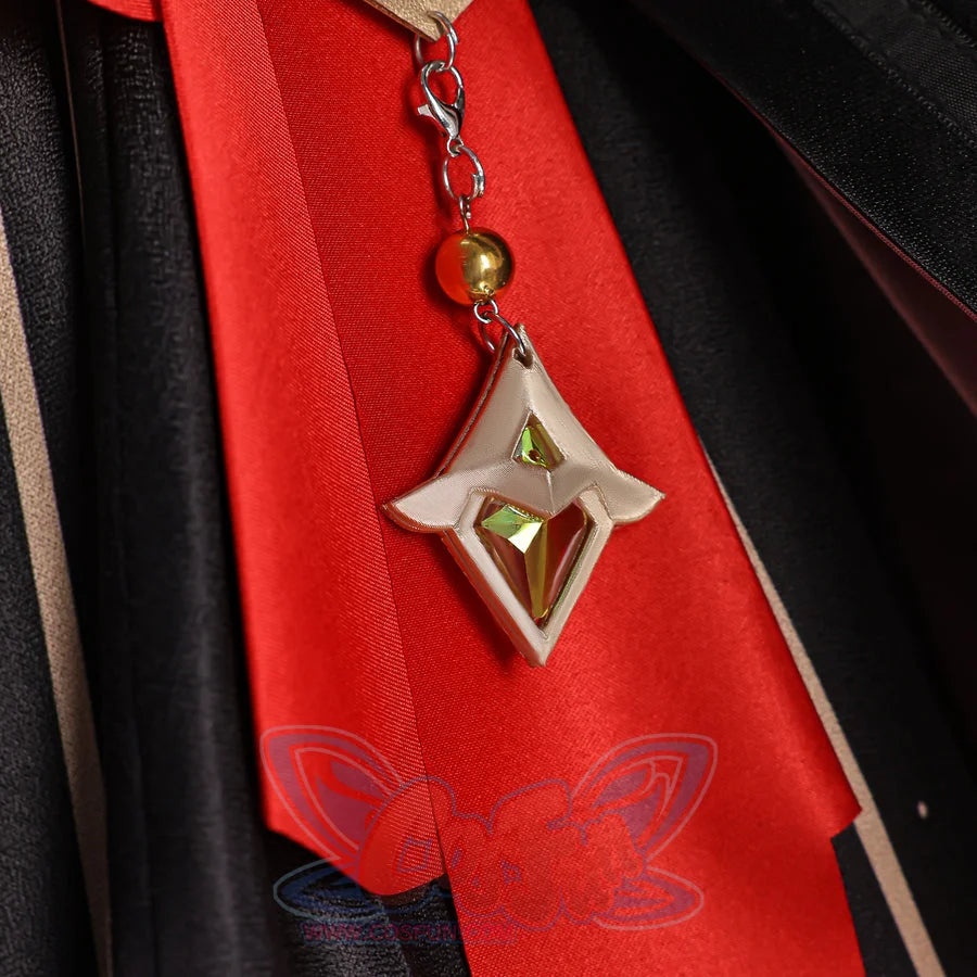 Genshin Impact Marionette Sandrone old design cosplay costume anchors a hanging gold-tone pendant over red fabric.