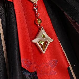 Genshin Impact Marionette Sandrone old design cosplay costume anchors a hanging gold-tone pendant over red fabric.