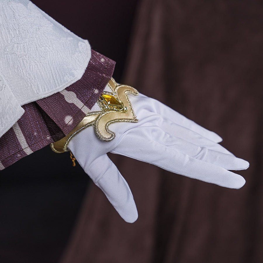 Genshin Impact Marionette Sandrone old design cosplay costume captures the ornate gold-tone wrist detail atop a white glove.