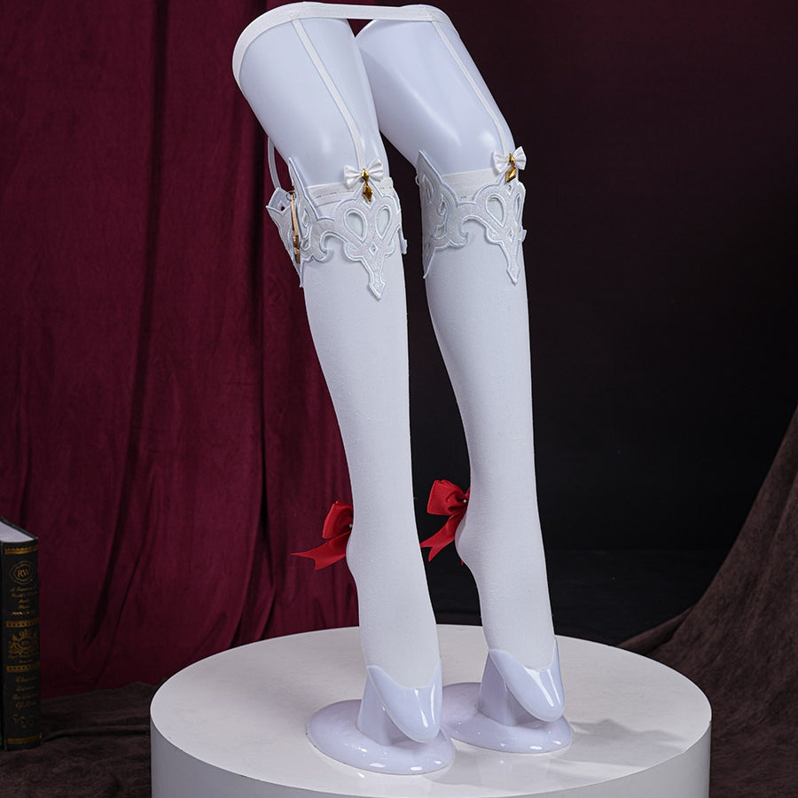 Genshin Impact Marionette Sandrone old design cosplay costume white stockings anchor embroidered rings and red bows.
