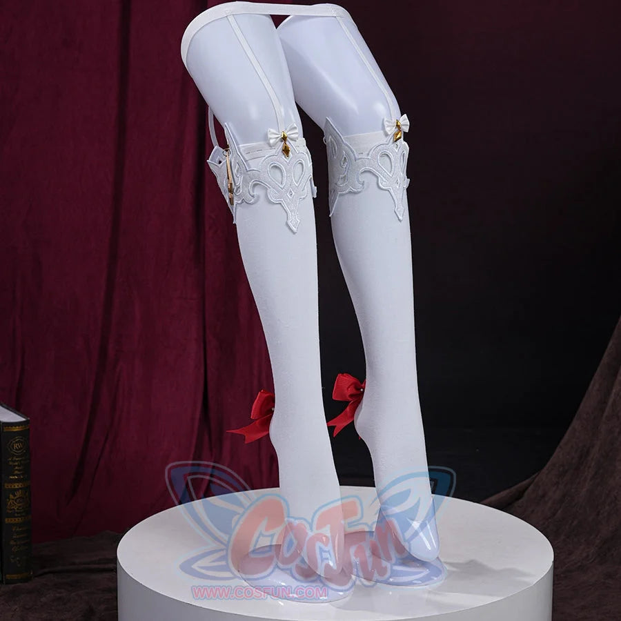 Genshin Impact Marionette Sandrone old design cosplay costume white stockings anchor embroidered rings and red bows.