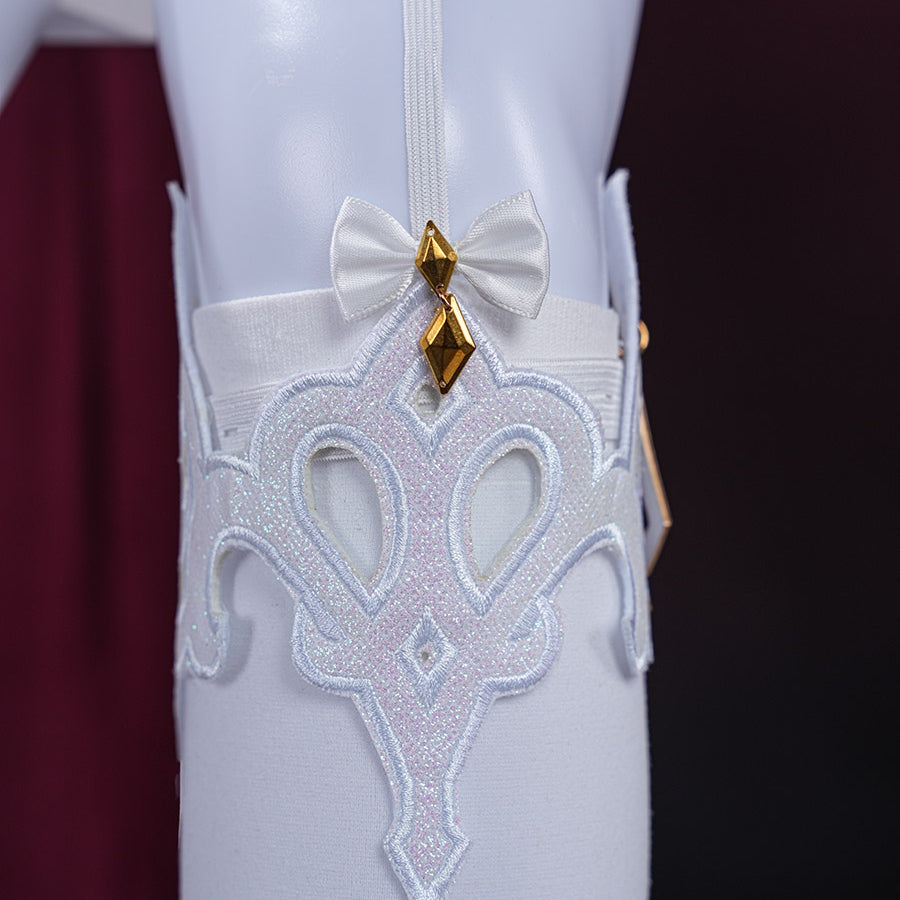 Genshin Impact Marionette Sandrone old design cosplay costume includes an ornate white embroidered leg ring accessory.