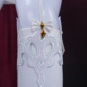 Genshin Impact Marionette Sandrone old design cosplay costume includes an ornate white embroidered leg ring accessory.