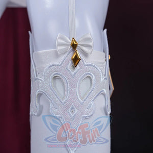 Genshin Impact Marionette Sandrone old design cosplay costume includes an ornate white embroidered leg ring accessory.