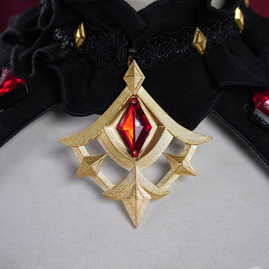 Genshin Impact Marionette Sandrone old design cosplay costume centers a gold-tone neckline ornament upon ruffled trim.