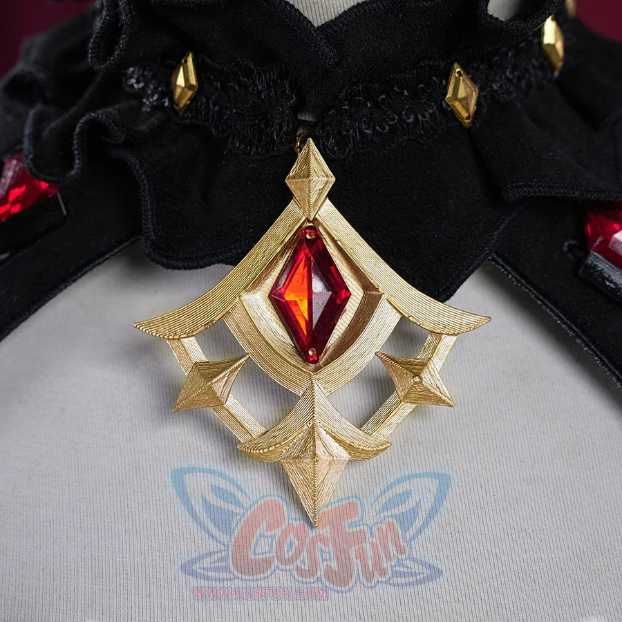Genshin Impact Marionette Sandrone old design cosplay costume centers a gold-tone neckline ornament upon ruffled trim.