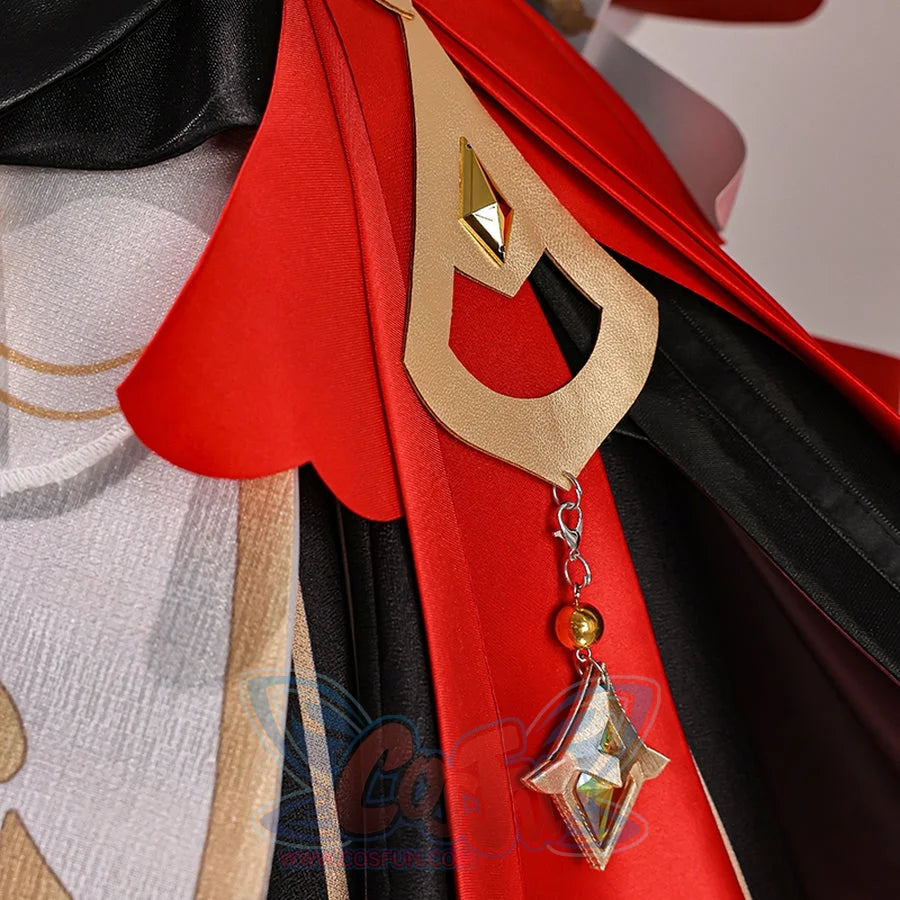 Genshin Impact Marionette Sandrone old design cosplay costume centers a gold-tone pendant over layered red fabric panels.