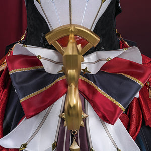 Genshin Impact Marionette Sandrone old design cosplay costume centers a gold-tone bow ornament over layered red fabric.