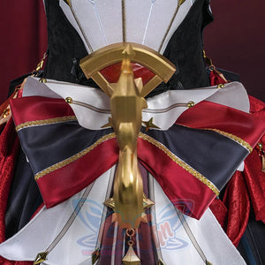 Genshin Impact Marionette Sandrone old design cosplay costume centers a gold-tone bow ornament over layered red fabric.