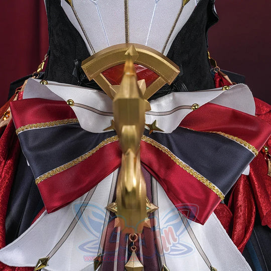 Genshin Impact Marionette Sandrone old design cosplay costume centers a gold-tone bow ornament over layered red fabric.