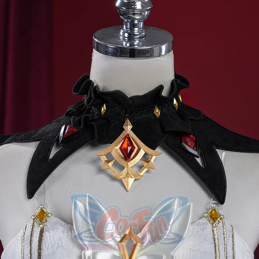 Genshin Impact Marionette Sandrone old design cosplay costume captures black ruffled collar and red ornate gem-like accents.