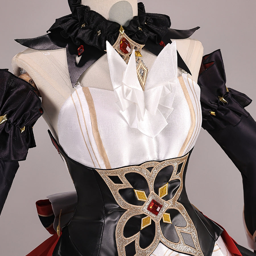 Genshin Impact Marionette Sandrone old design cosplay costume centers a black bodice embellished beside gold-tone accents.