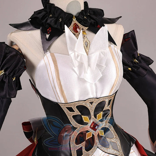 Genshin Impact Marionette Sandrone old design cosplay costume centers a black bodice embellished beside gold-tone accents.