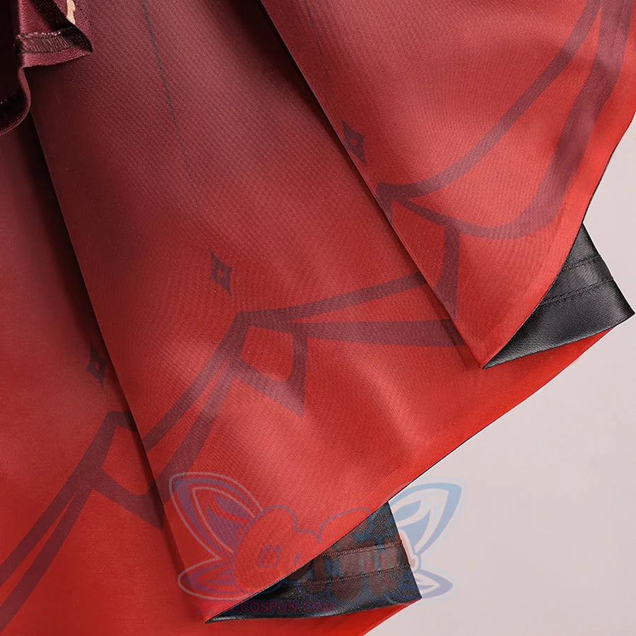 Genshin Impact Marionette Sandrone old design cosplay costume fabric layers present dark graphic prints on red textile.