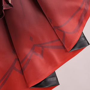 Genshin Impact Marionette Sandrone old design cosplay costume fabric layers present dark graphic prints on red textile.