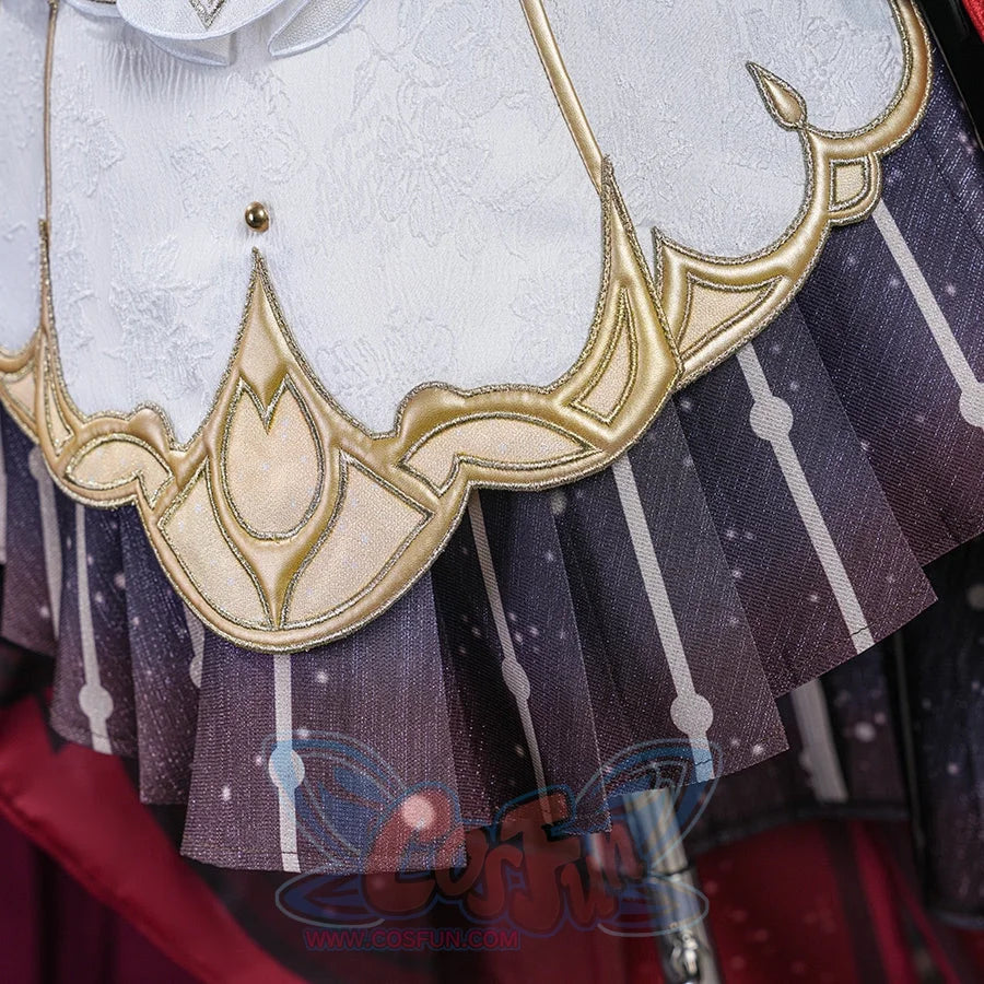 Genshin Impact Marionette Sandrone old design cosplay costume captures the gold-tone embroidered white dress layers.