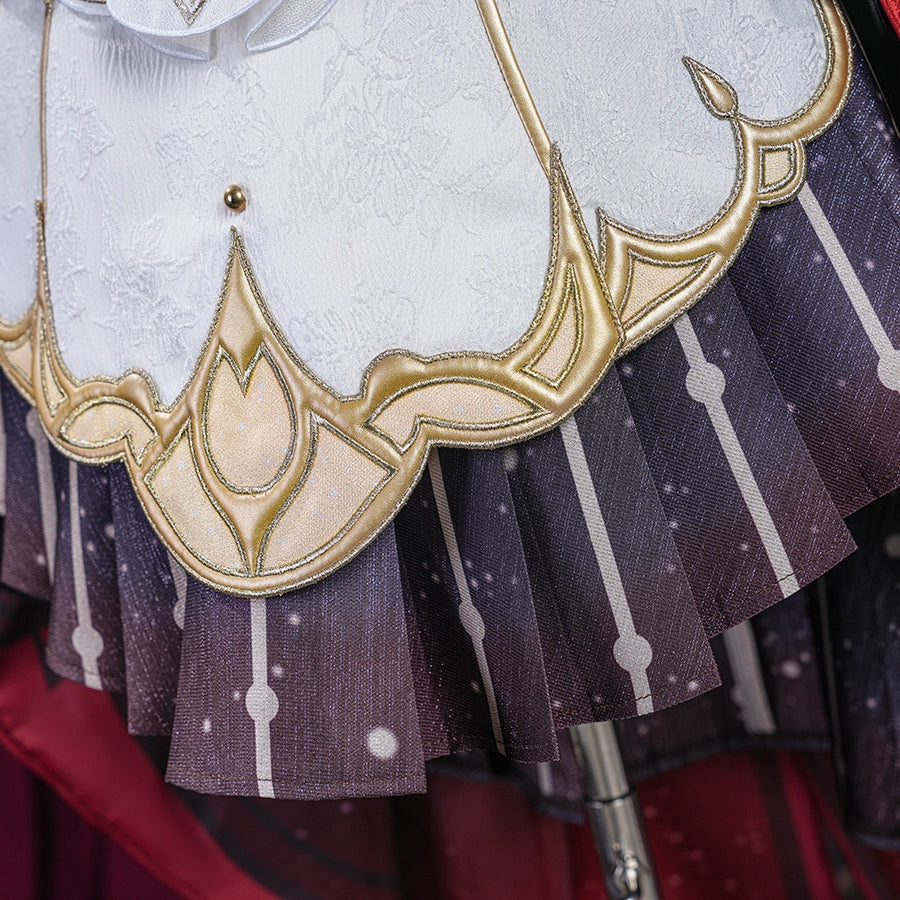 Genshin Impact Marionette Sandrone old design cosplay costume captures the gold-tone embroidered white dress layers.