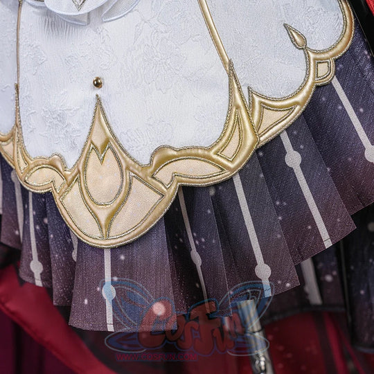 Genshin Impact Marionette Sandrone old design cosplay costume captures the gold-tone embroidered white dress layers.