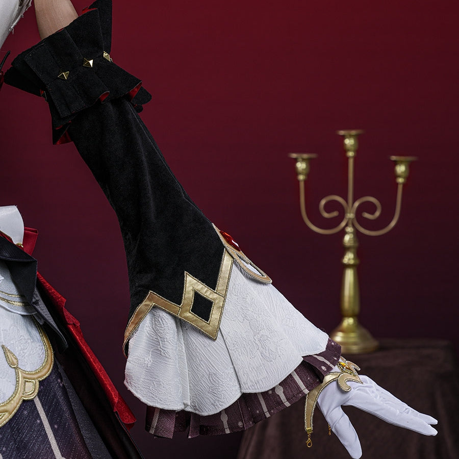 Genshin Impact Marionette Sandrone old design cosplay costume captures the detailed velvet sleeve beside white flared cuffs.