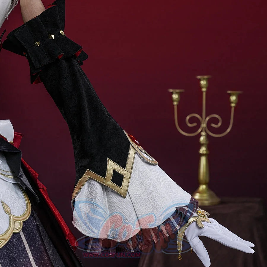 Genshin Impact Marionette Sandrone old design cosplay costume captures the detailed velvet sleeve beside white flared cuffs.
