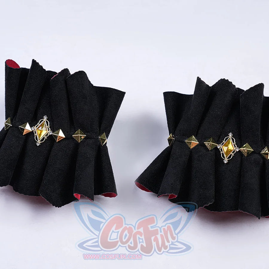 Genshin Impact Marionette Sandrone old design cosplay costume sleeve rings gather fabric beneath gold-tone pyramid studs.