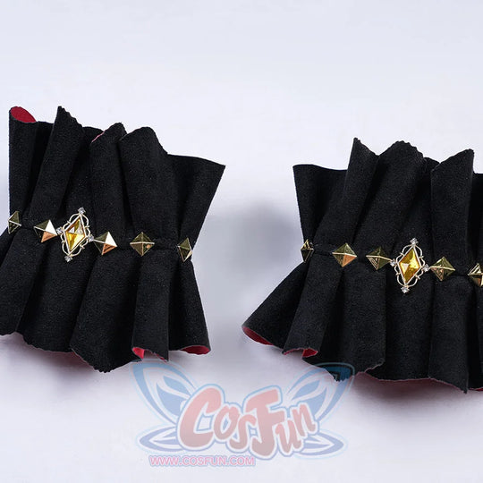 Genshin Impact Marionette Sandrone old design cosplay costume sleeve rings gather fabric beneath gold-tone pyramid studs.